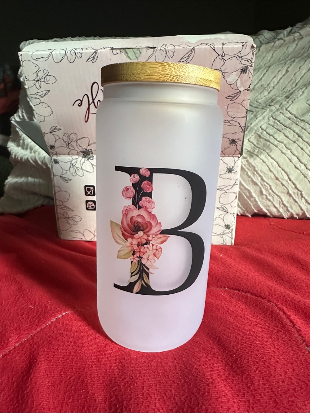 Monogram Floral 'B' Frosted Bottle with wooden Lid 3 straws and cleaning tool - Picture 2 of 8